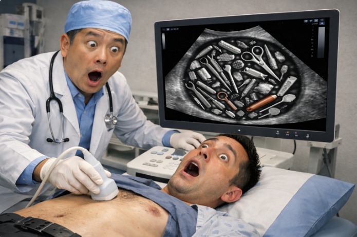 Ilustrasi. Lebih dari 120 benda asing termasuk kunci, paku, batang besi, jarum, ditemukan di area lambung pasien Tangshan Gongren Hospital di Tiongkok. (Ilustrasi AI)